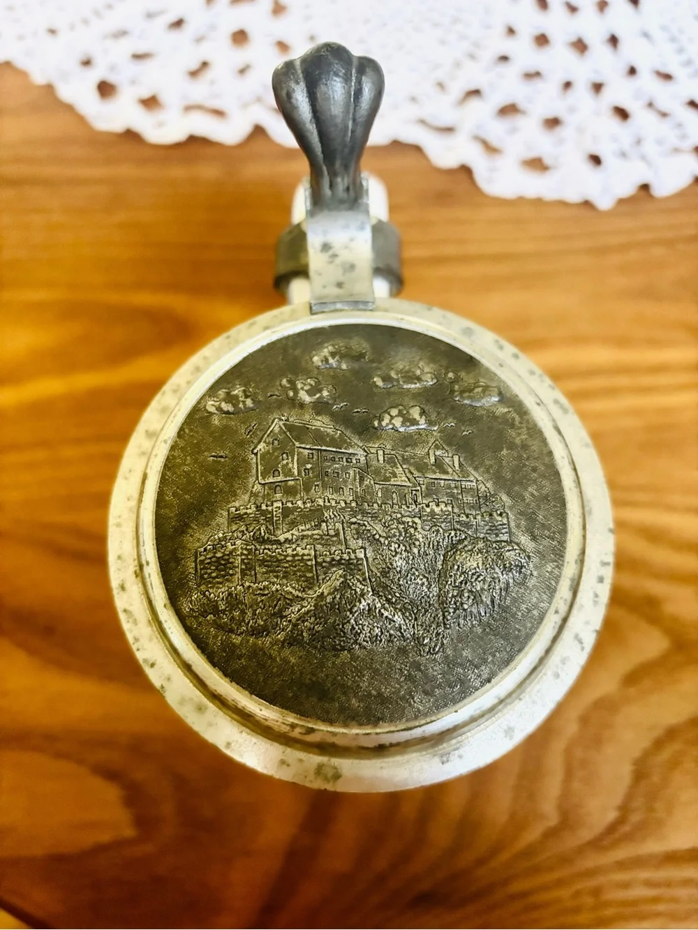 Vintage Signed Ceramic German Beer Stein with Pewter Lid - Floral Leaf Design